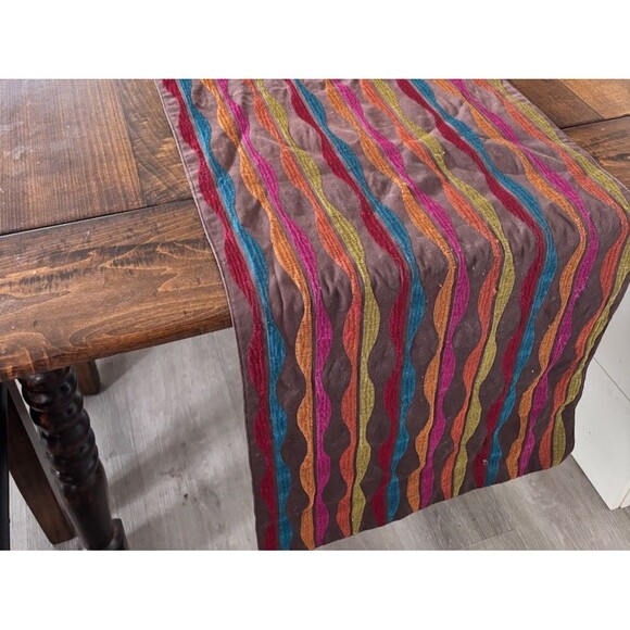Embroidered Wavy MCM Bright Stripe Long Table Runner, Crate And Barrel 14x90” - Picture 1 of 8